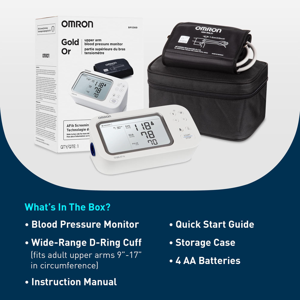 Contenido del paquete OMRON con estuche, brazalete y cuatro pilas listos para usar