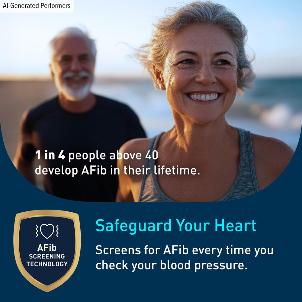 OMRON pantalla con lectura y símbolo AFib visible para detección temprana