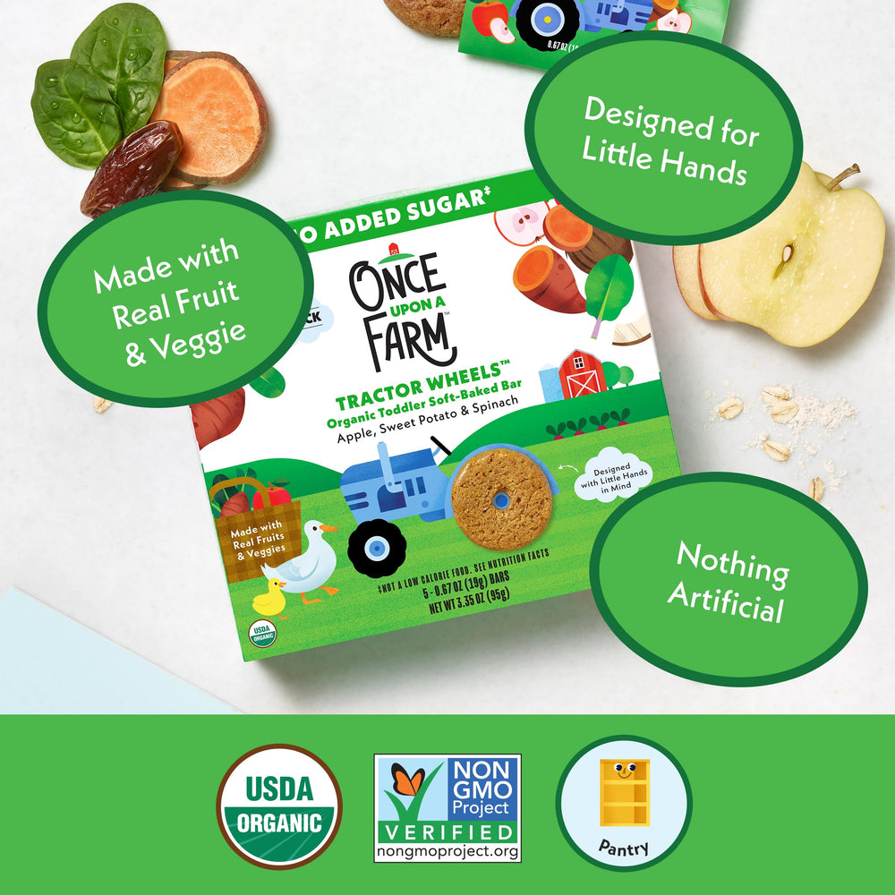 Once Upon a Farm barra en mano de niño, ideal para auto‑alimentación