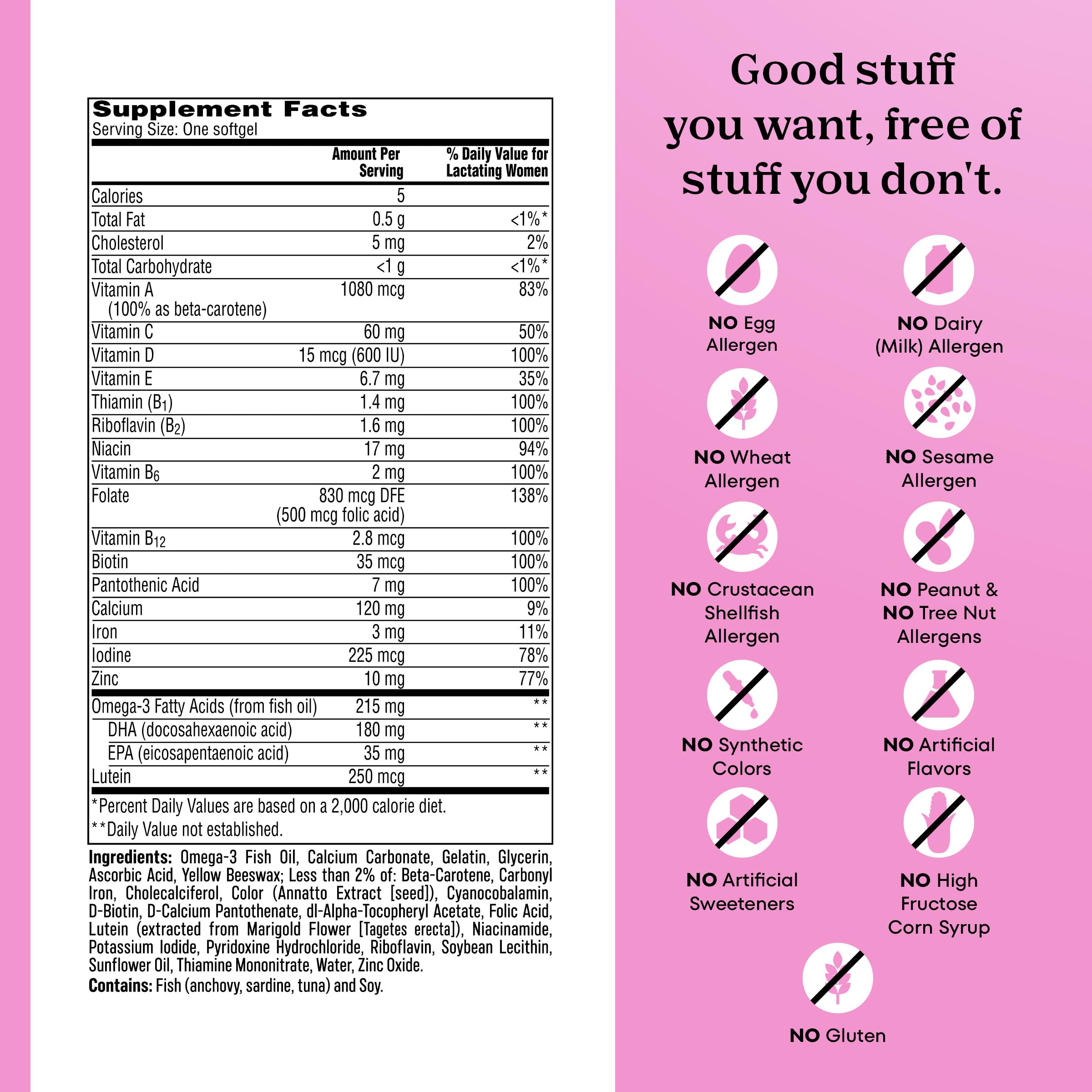 ONE A DAY etiqueta con lista de ingredientes destacando vitaminas y DHA