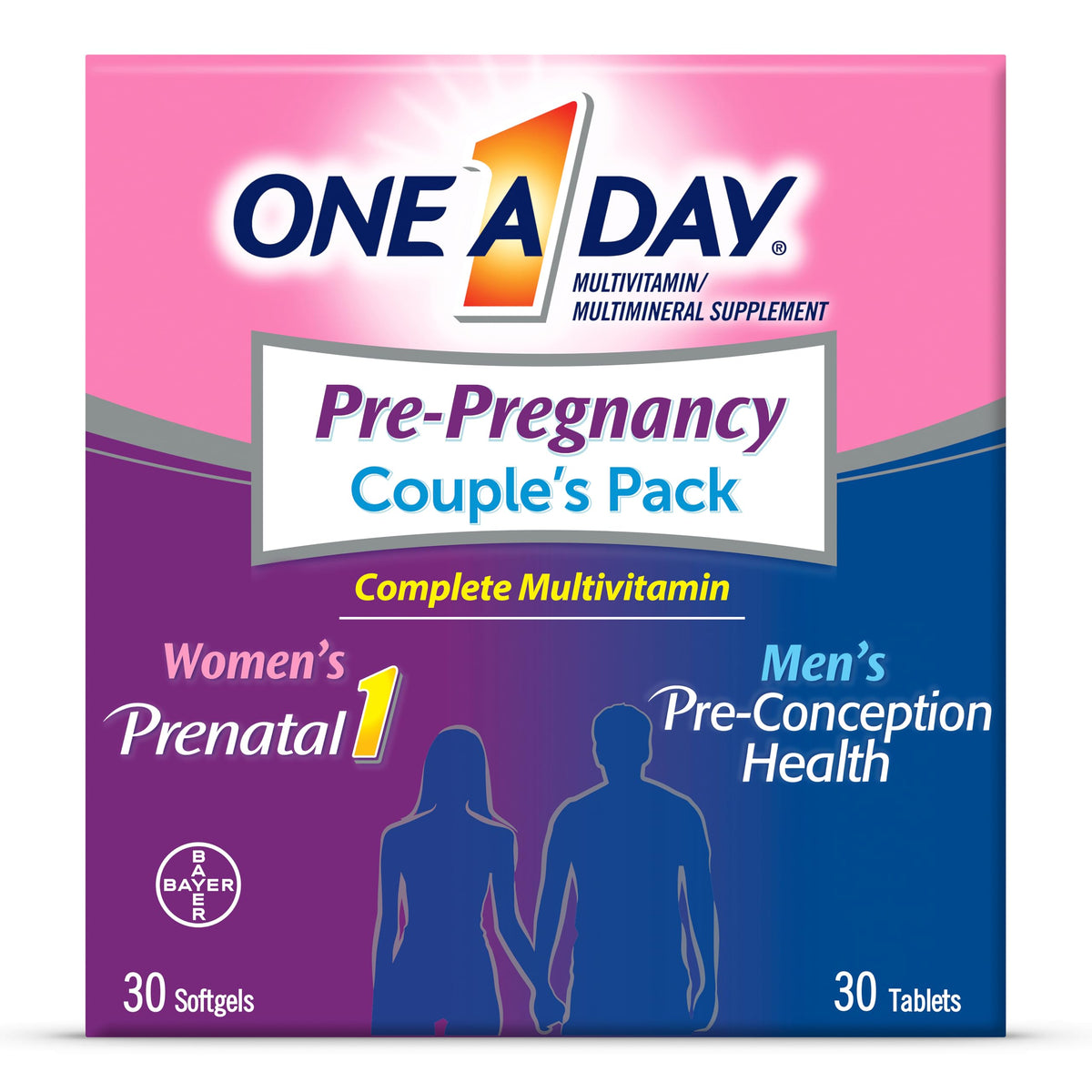 ONE A DAY pack pareja frontal mostrando envases y beneficio nutricional