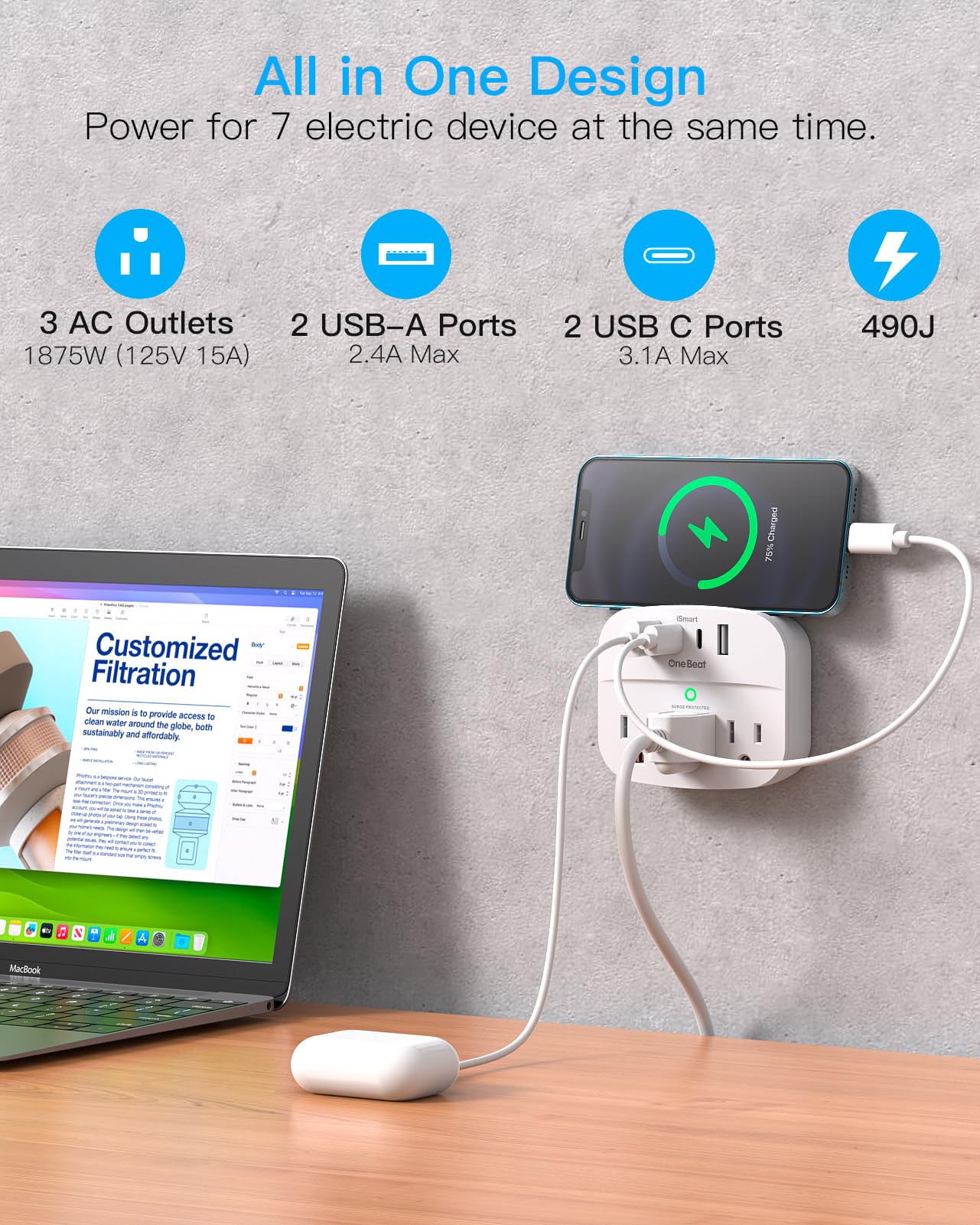 One Beat primer plano de puertos USB-C y USB-A, carga rápida segura