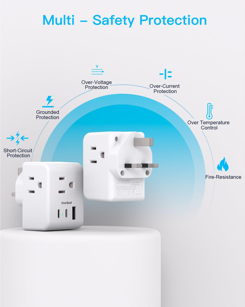 One Beat etiqueta con especificaciones eléctricas informando compatibilidad de voltaje