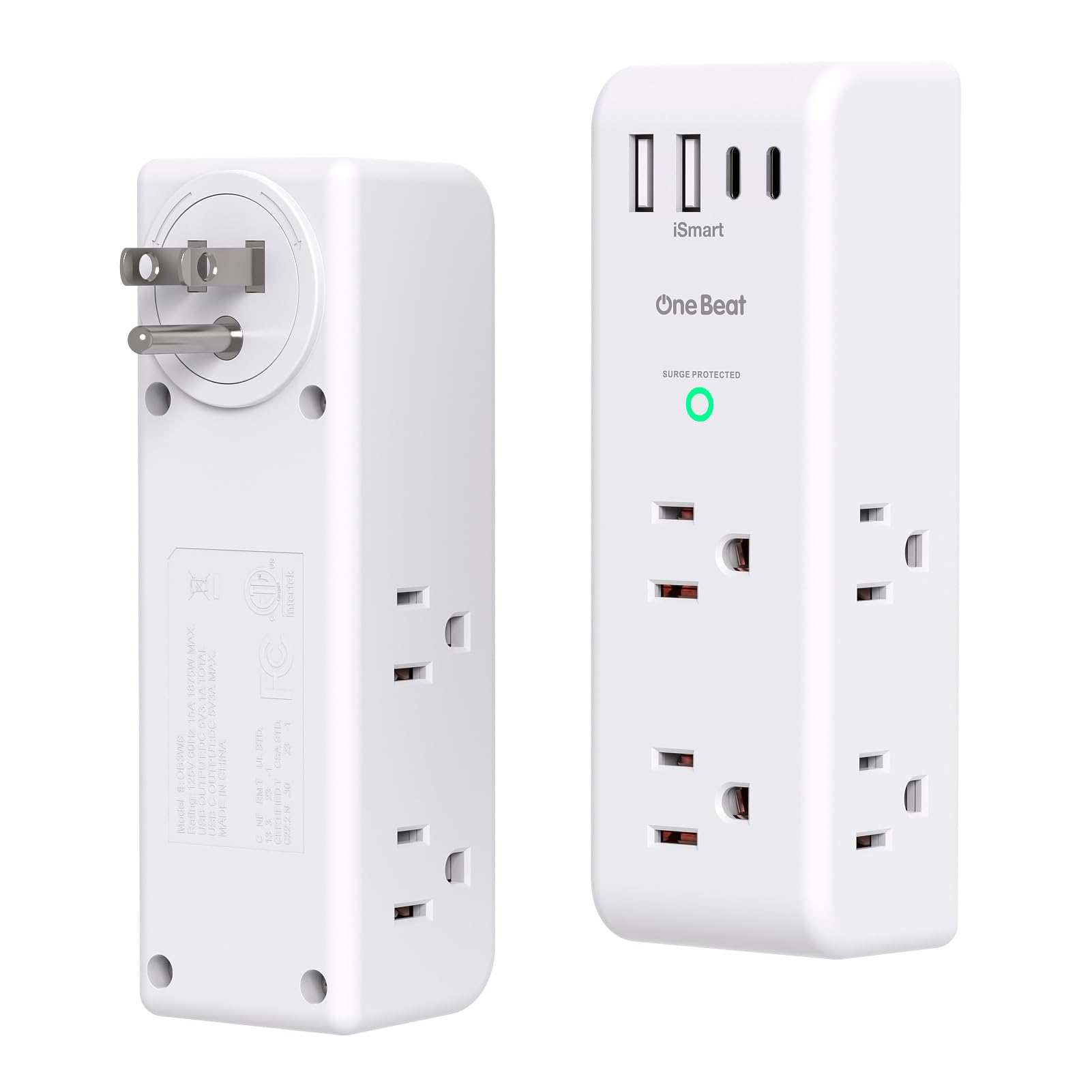 One Beat vista frontal del extensor mostrando seis tomas y cuatro puertos USB, mayor capacidad