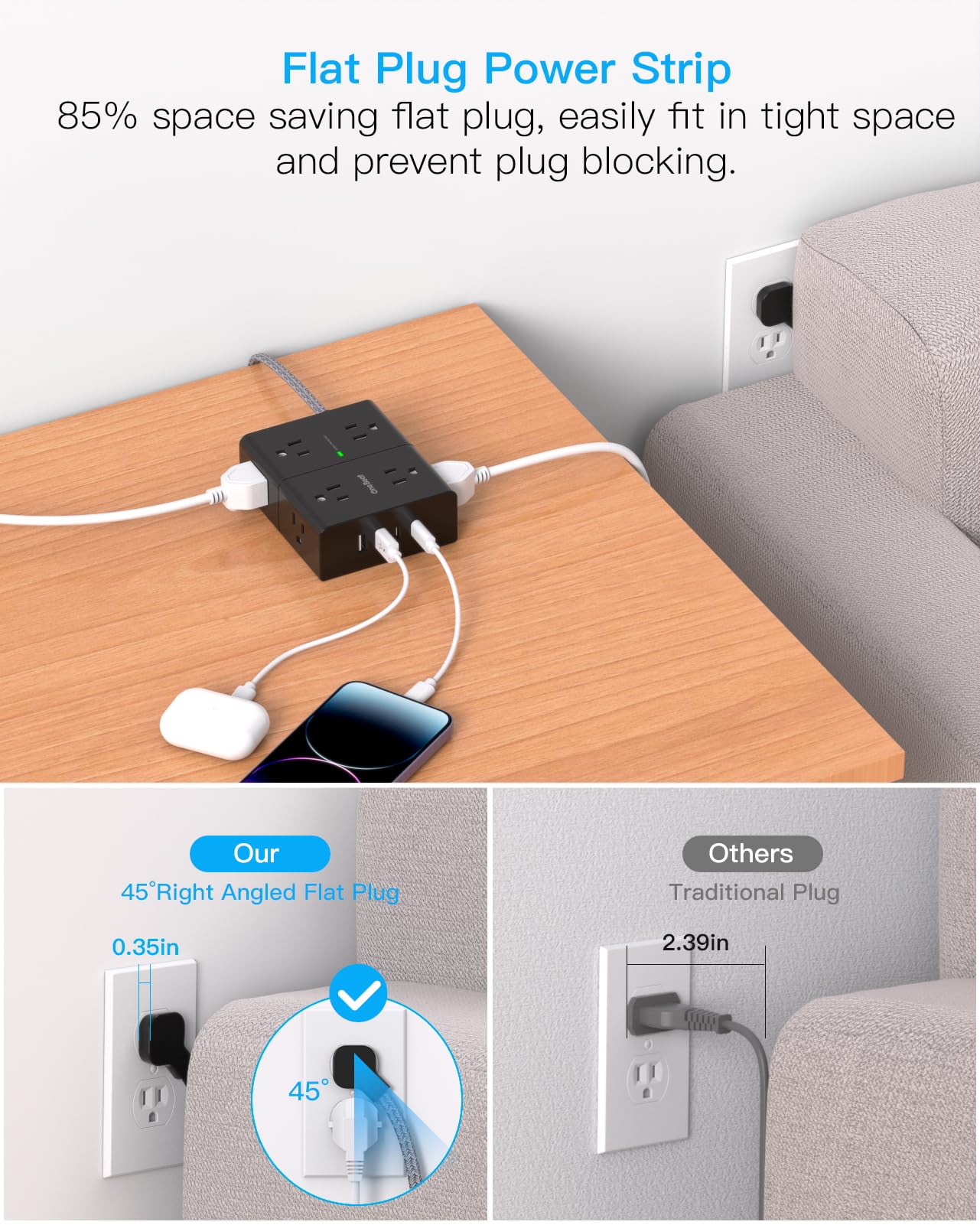 One Beat puertos USB‑C y USB‑A en primer plano, carga rápida y múltiple