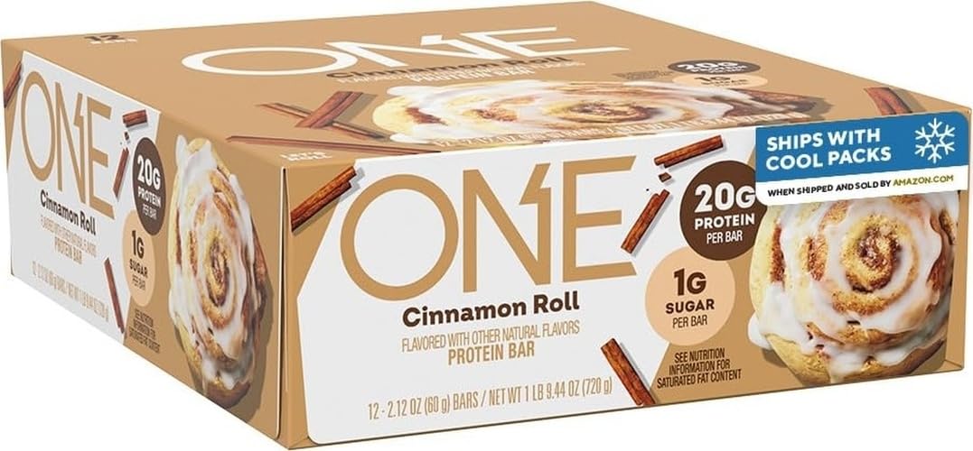 ONE empaque frontal de barras Cinnamon Roll mostrando 12 unidades y beneficios
