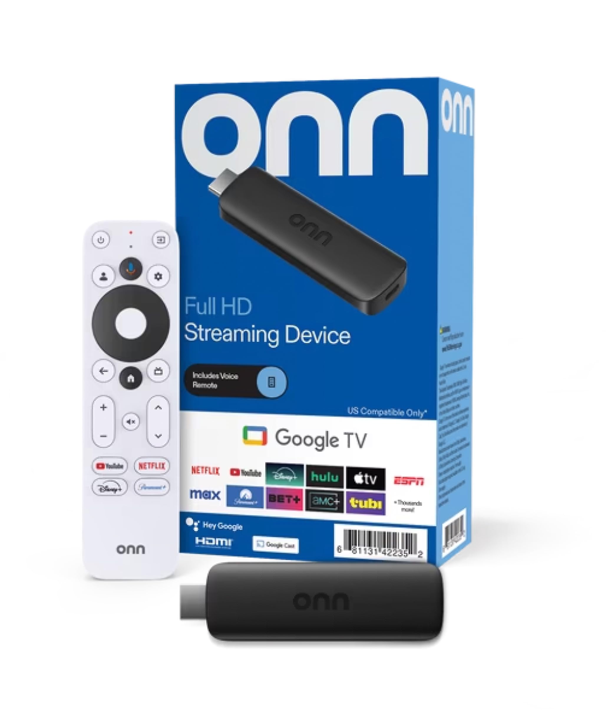 ONN streaming stick frontal mostrando puerto HDMI y diseño compacto para entretenimiento fácil