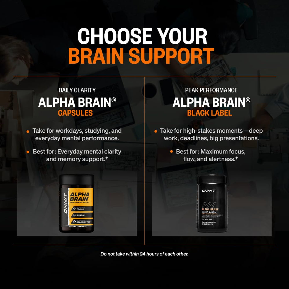 ONNIT producto en ambiente lifestyle mostrando Alpha BRAIN para días de alto rendimiento