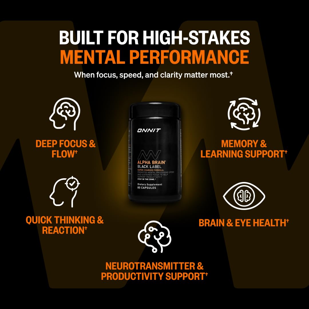 ONNIT etiqueta lateral Alpha BRAIN Black Label detalles de ingredientes y ventajas