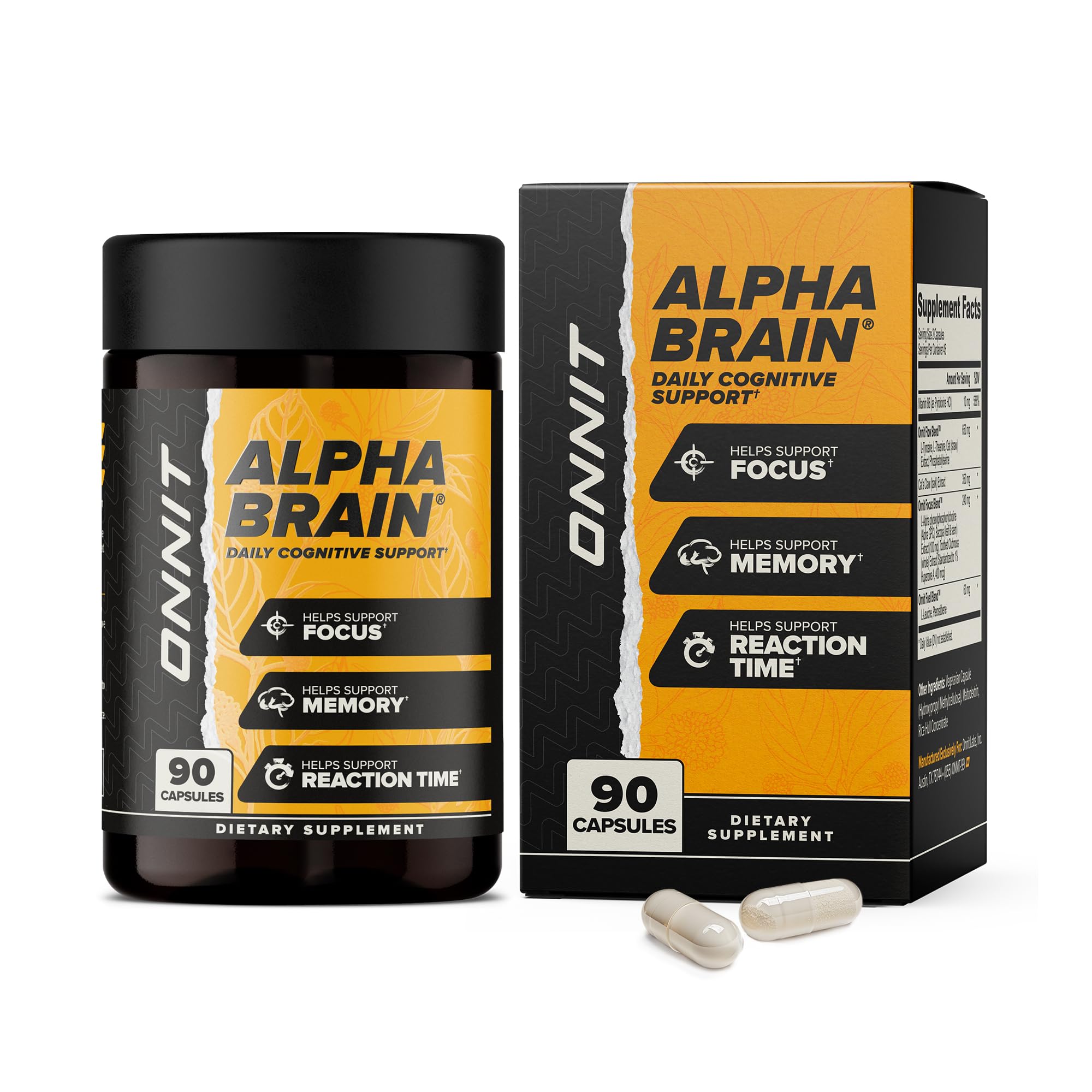 ONNIT Alpha Brain frasco frontal mostrando marca y beneficio enfoque