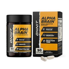 ONNIT Alpha Brain frasco frontal mostrando marca y beneficio enfoque