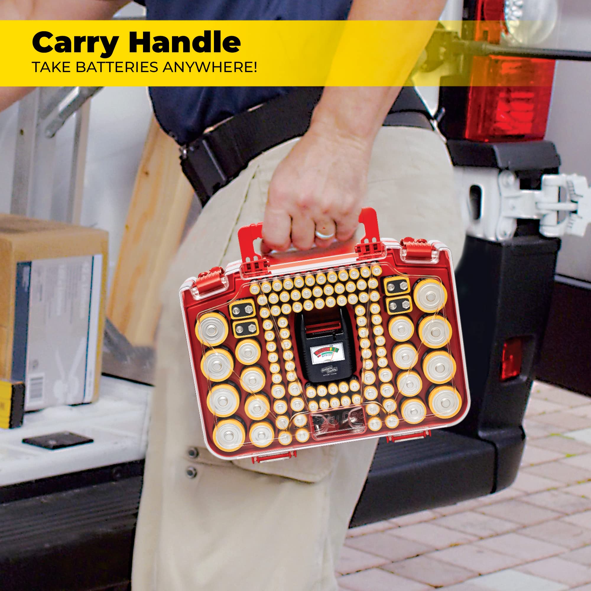 Ontel Battery Daddy detalle de broches resistentes y cierre seguro