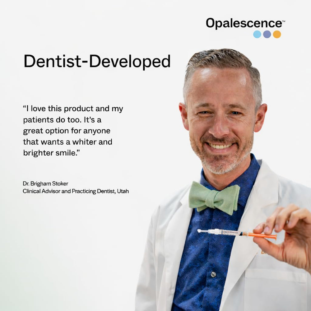 Opalescence etiqueta con instrucciones y beneficios para uso dental informado