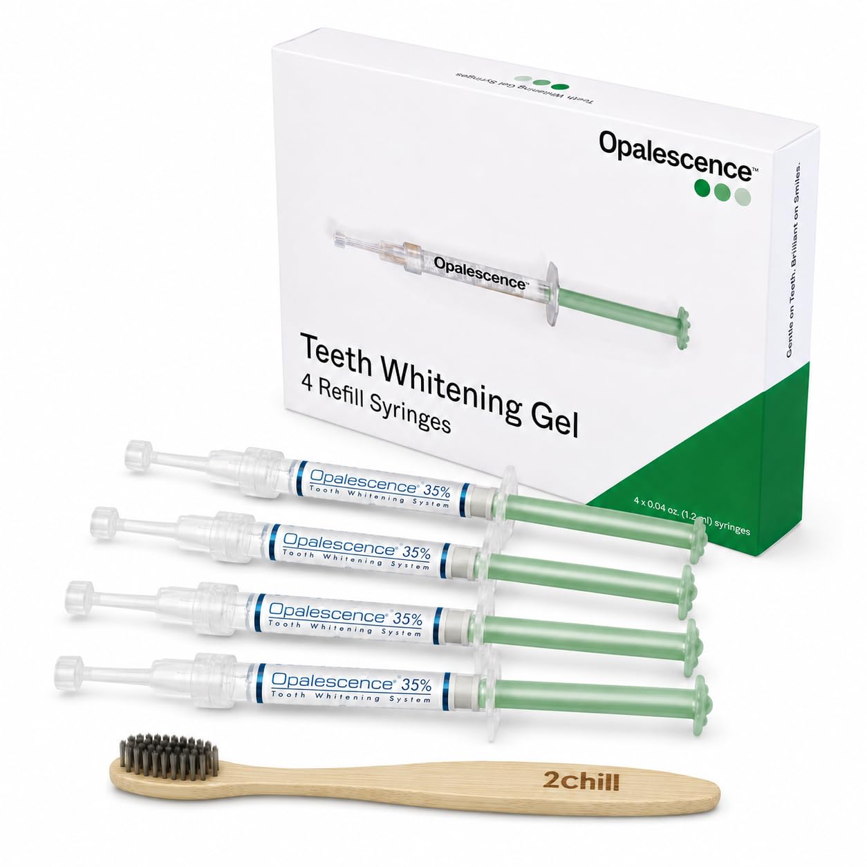 Opalescence frasco frontal mostrando las cuatro jeringas y beneficio profesional