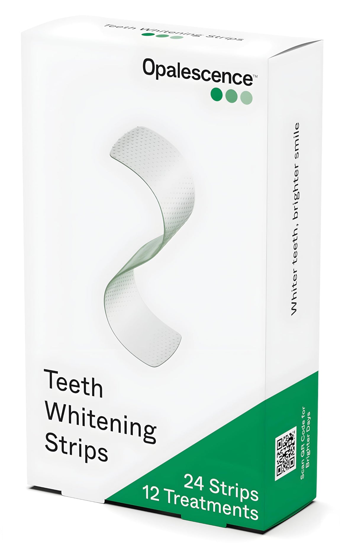 Opalescence empaque frontal mostrando 24 tiras y cepillo, práctica presentación