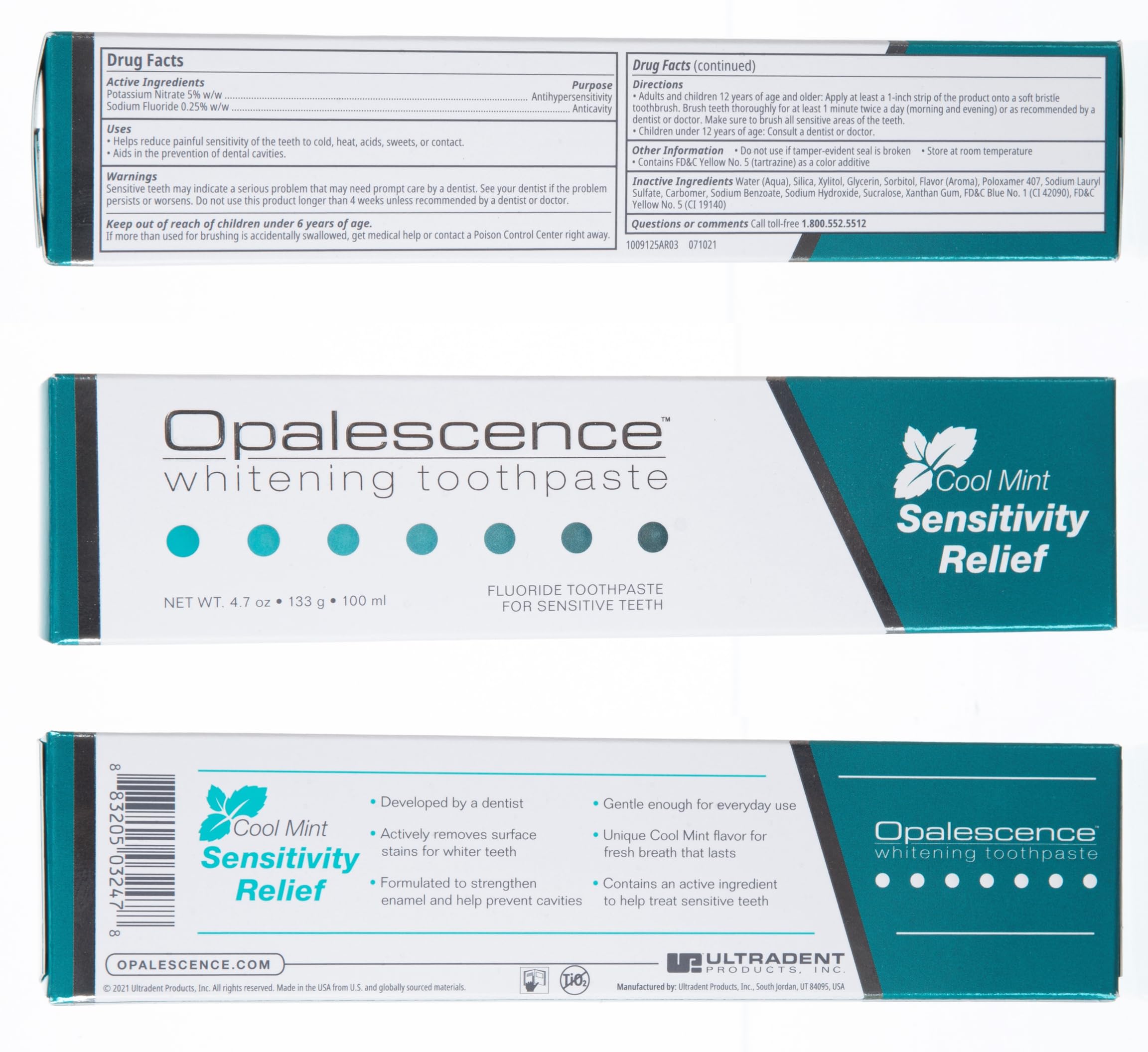 Opalescence sobre fondo blanco enfatizando diseño limpio y confianza de marca