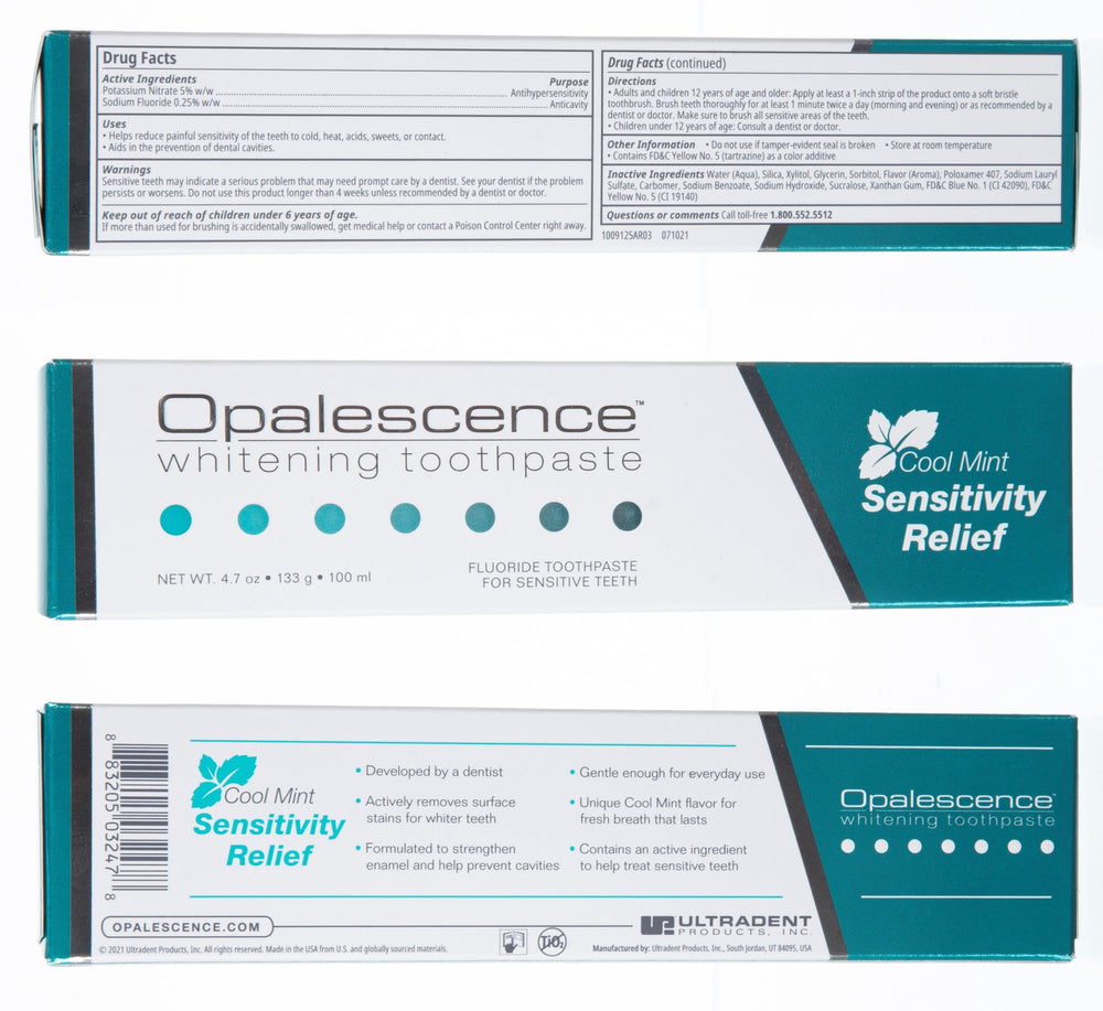 Opalescence sobre fondo blanco enfatizando diseño limpio y confianza de marca