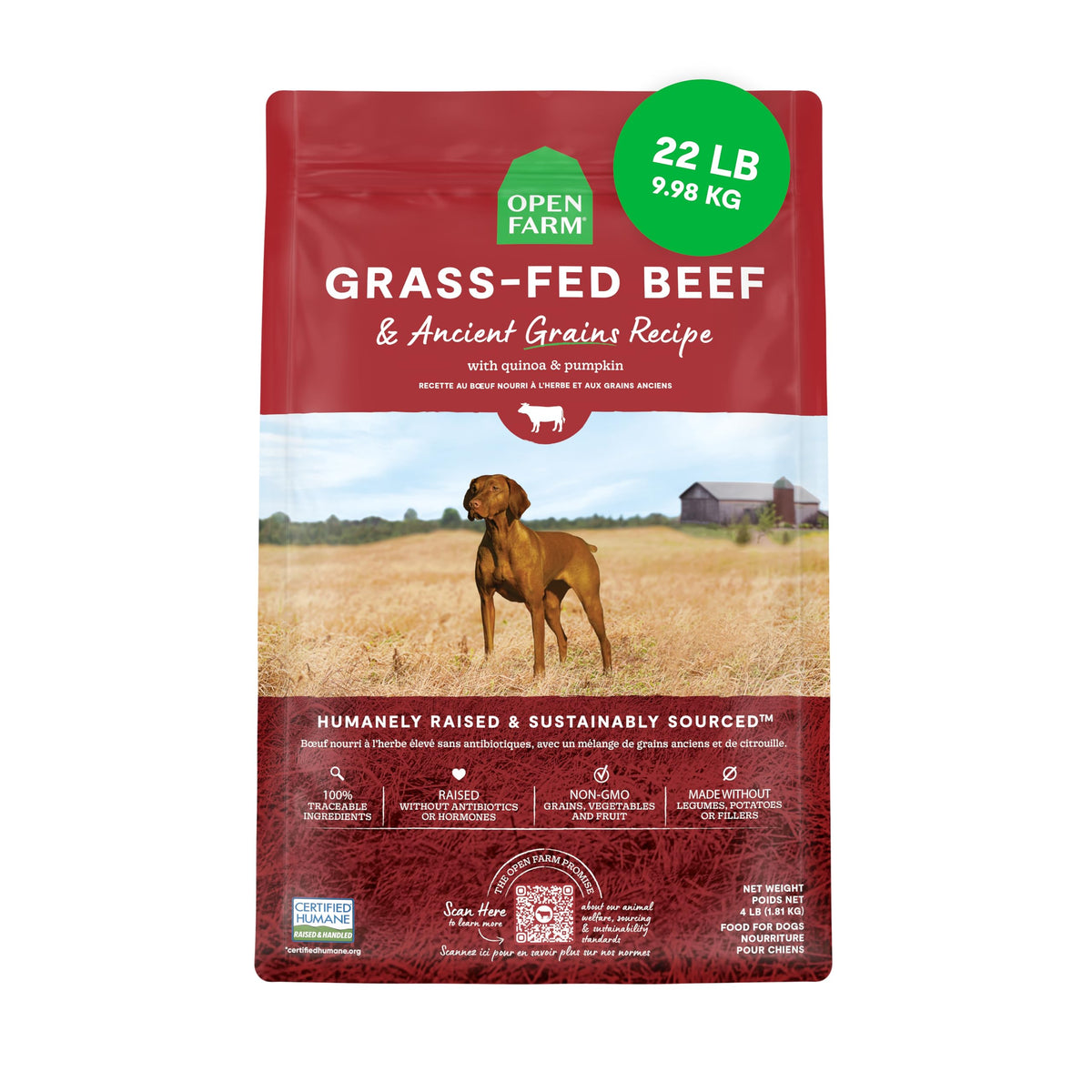 Open Farm bolsa 22 lb al frente mostrando diseño y contenido nutritivo