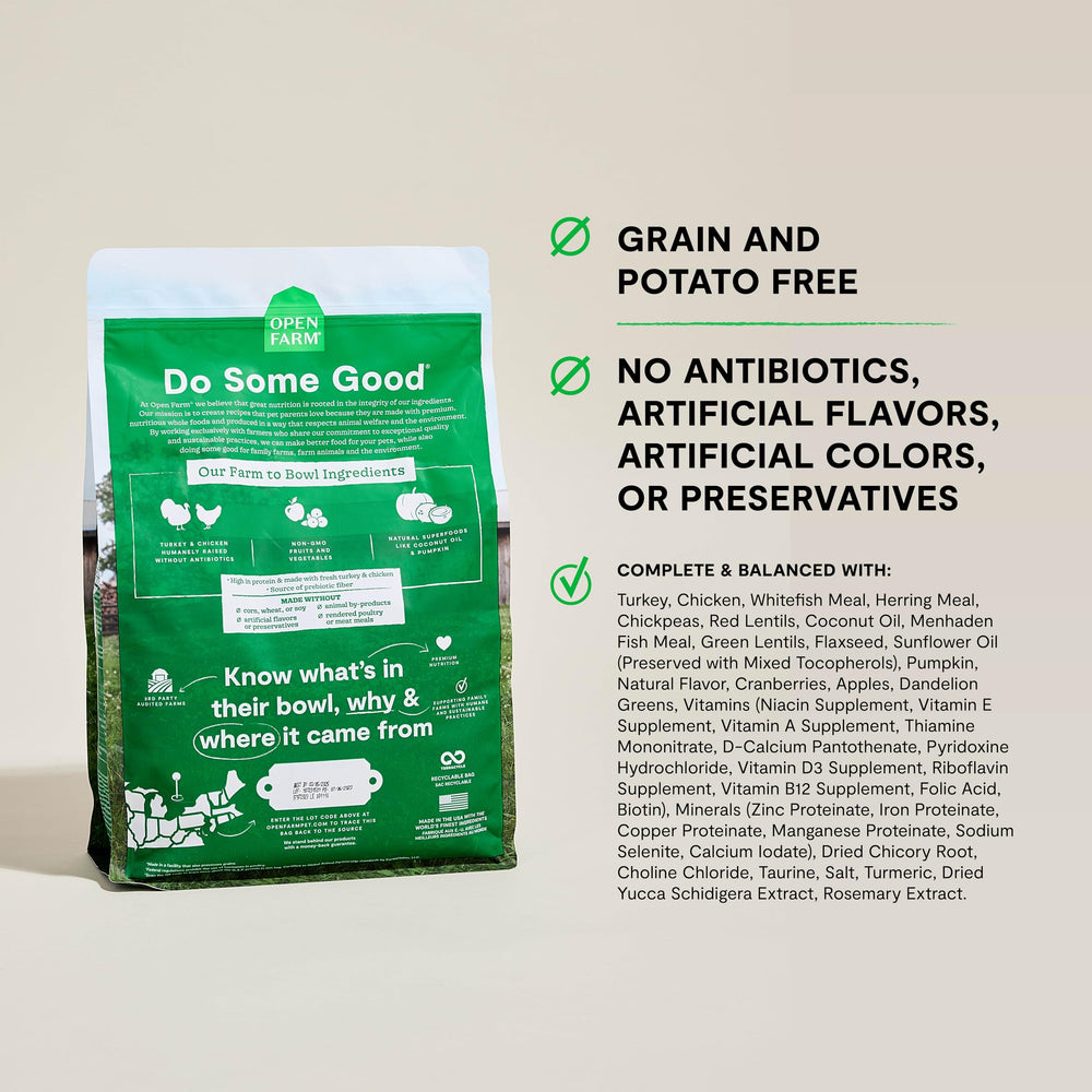Open Farm etiqueta con origen de ingredientes, trazabilidad y certificaciones visibles.