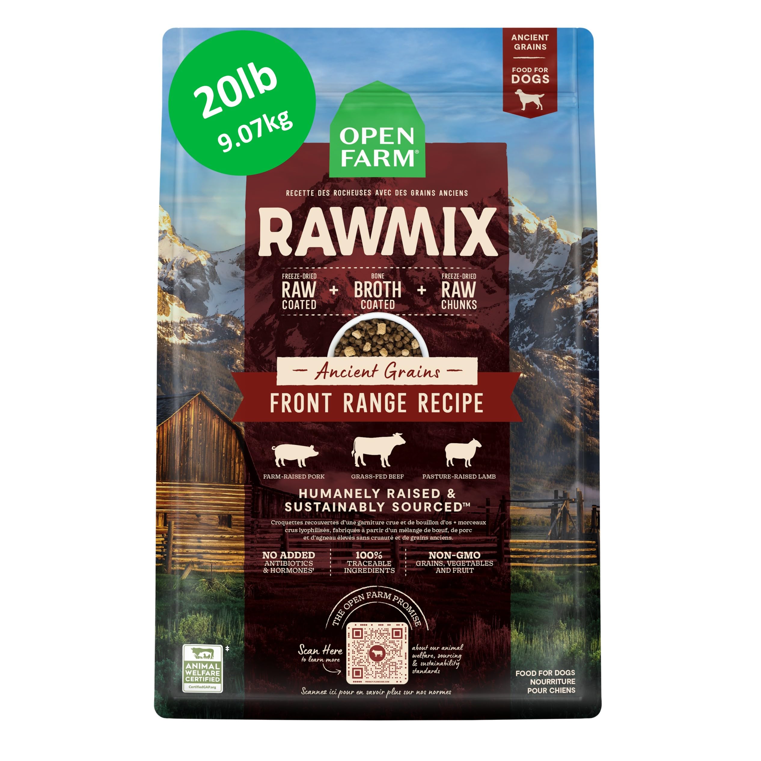 Open Farm bolsa 20 lb mostrando diseño frontal y beneficios visibles