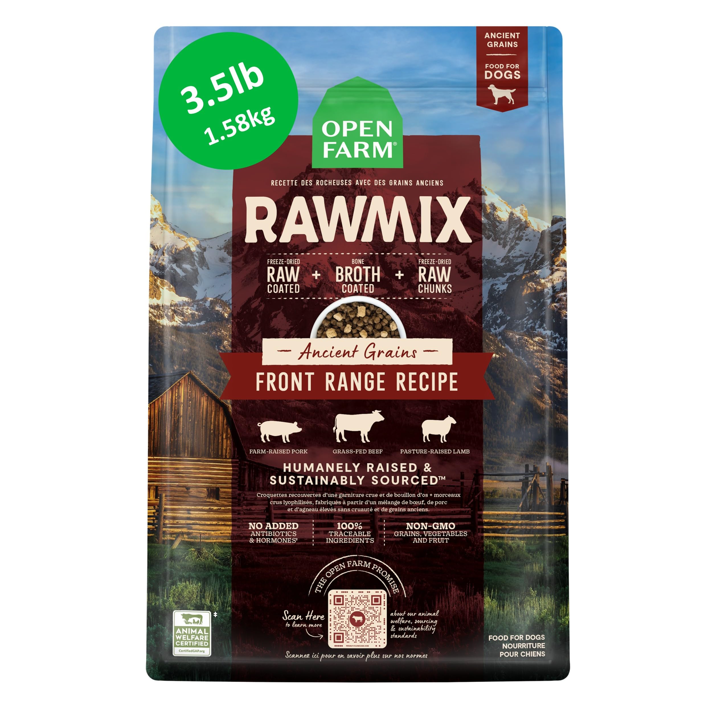 Open Farm bolsa frontal mostrando marca y beneficios nutricionales