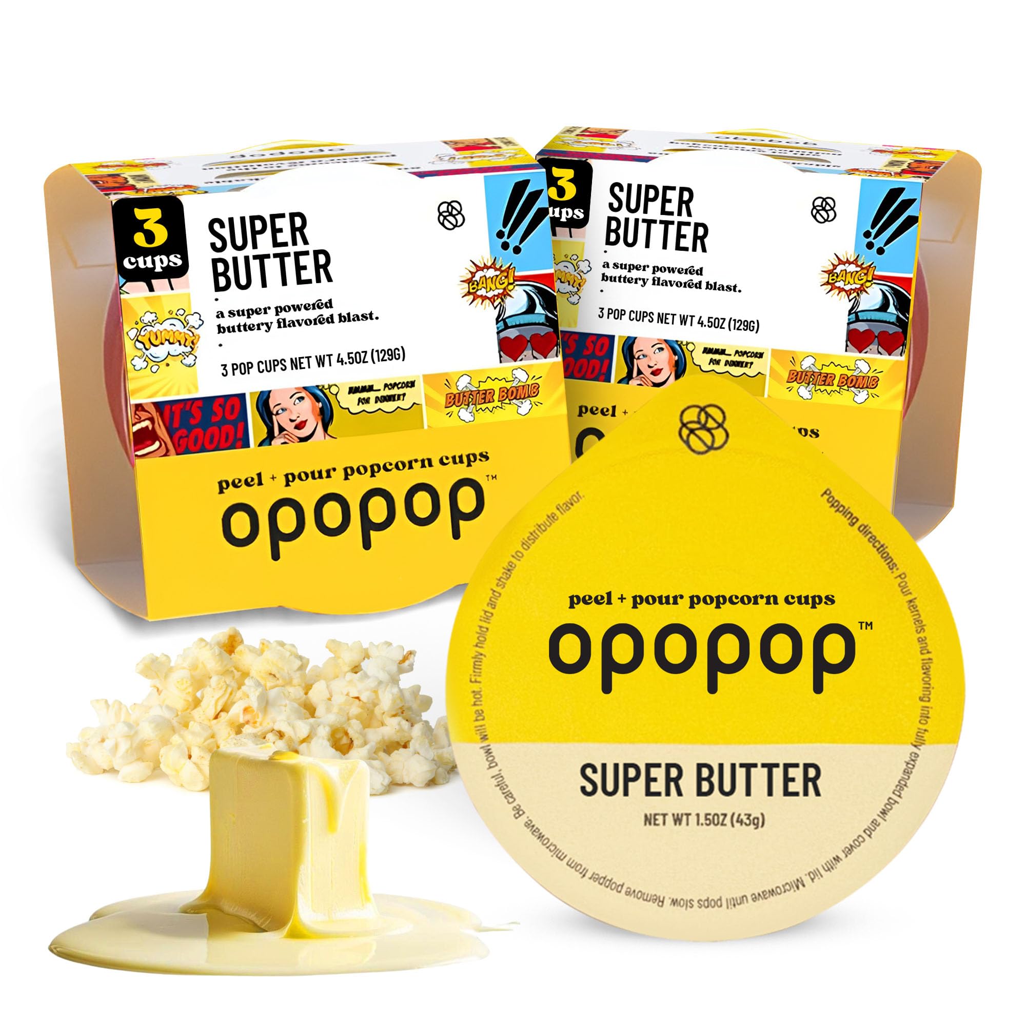 OPOPOP empaque frontal Super Butter mostrando diseño y beneficios