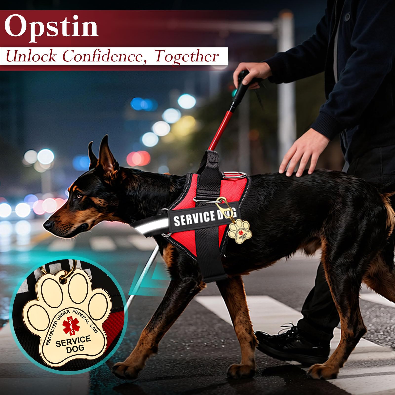 Opstin chaleco puesto en perro en ambiente urbano para uso real