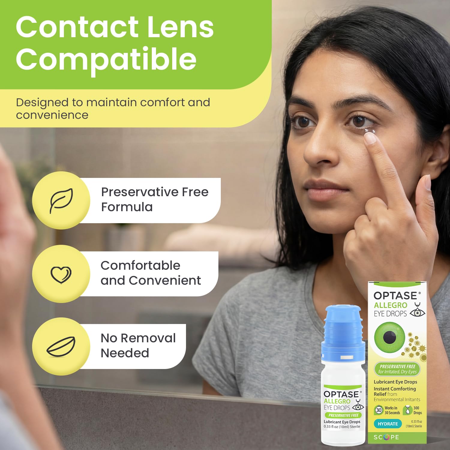 Optase Allegro en uso con lentes de contacto para mayor confort durante el día