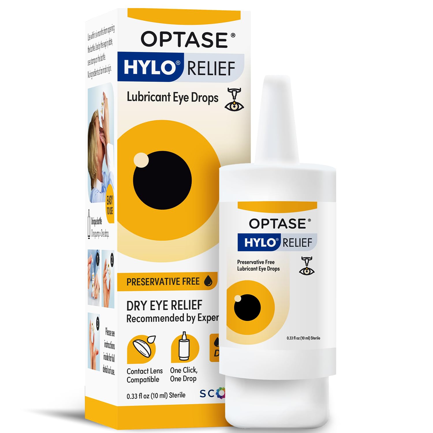 Optase HYLO Relief frente del envase mostrando diseño y volumen