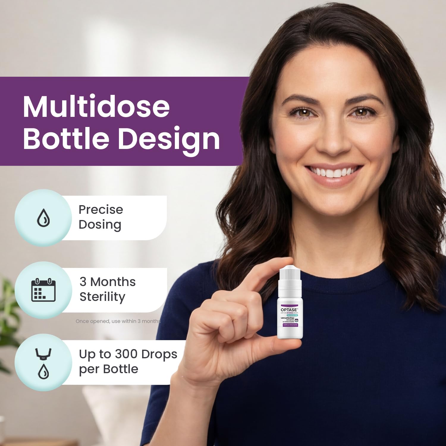Optase bottle held in hand illustrating 0.33 fl oz travel-friendly size and portability