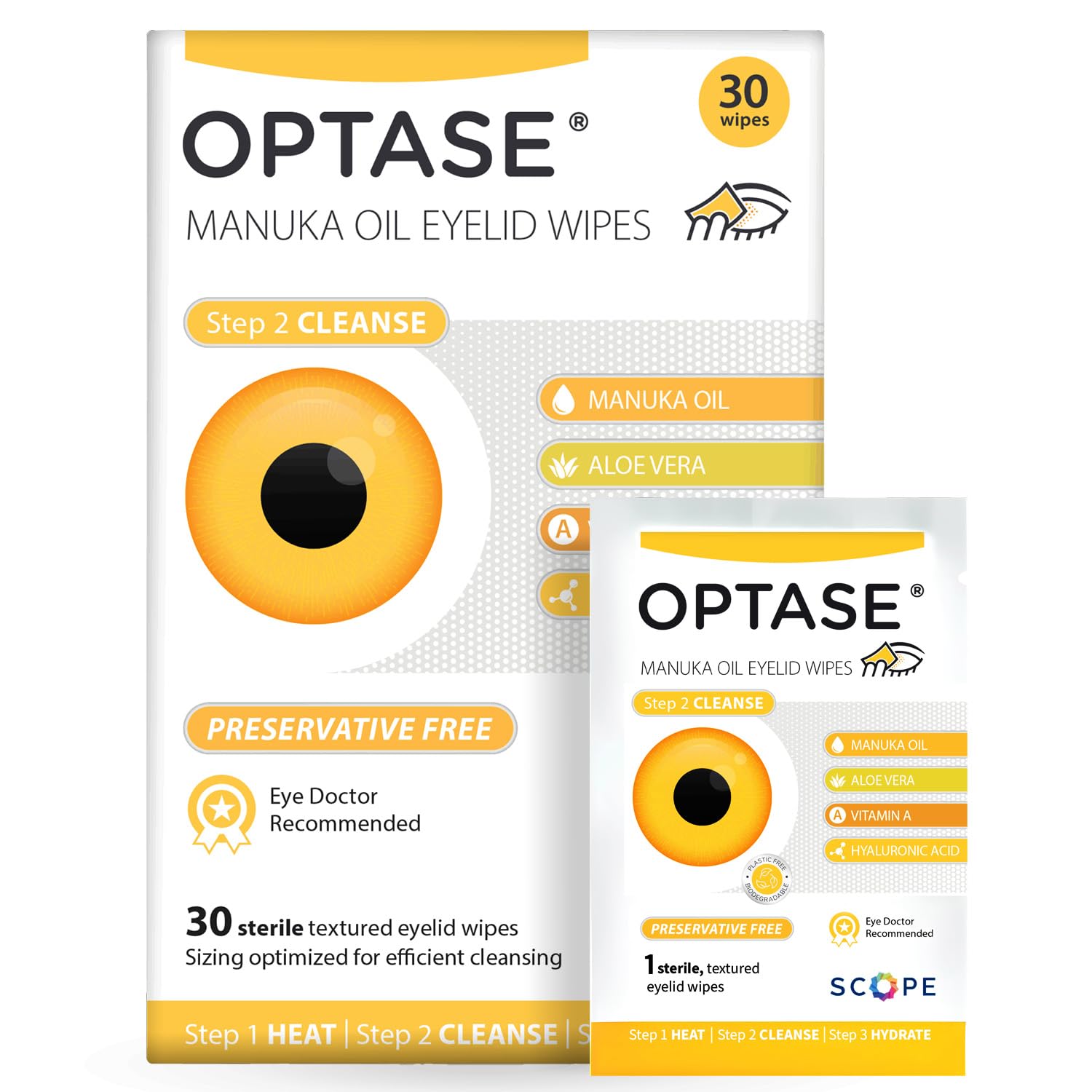 OPTASE empaque frontal mostrando 30 toallitas y beneficios para higiene palpebral