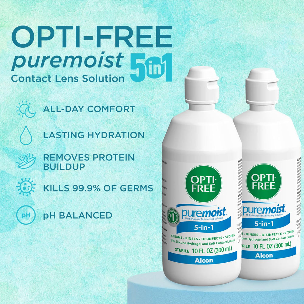 Opti-Free solución vertiéndose en estuche, limpieza completa y práctica