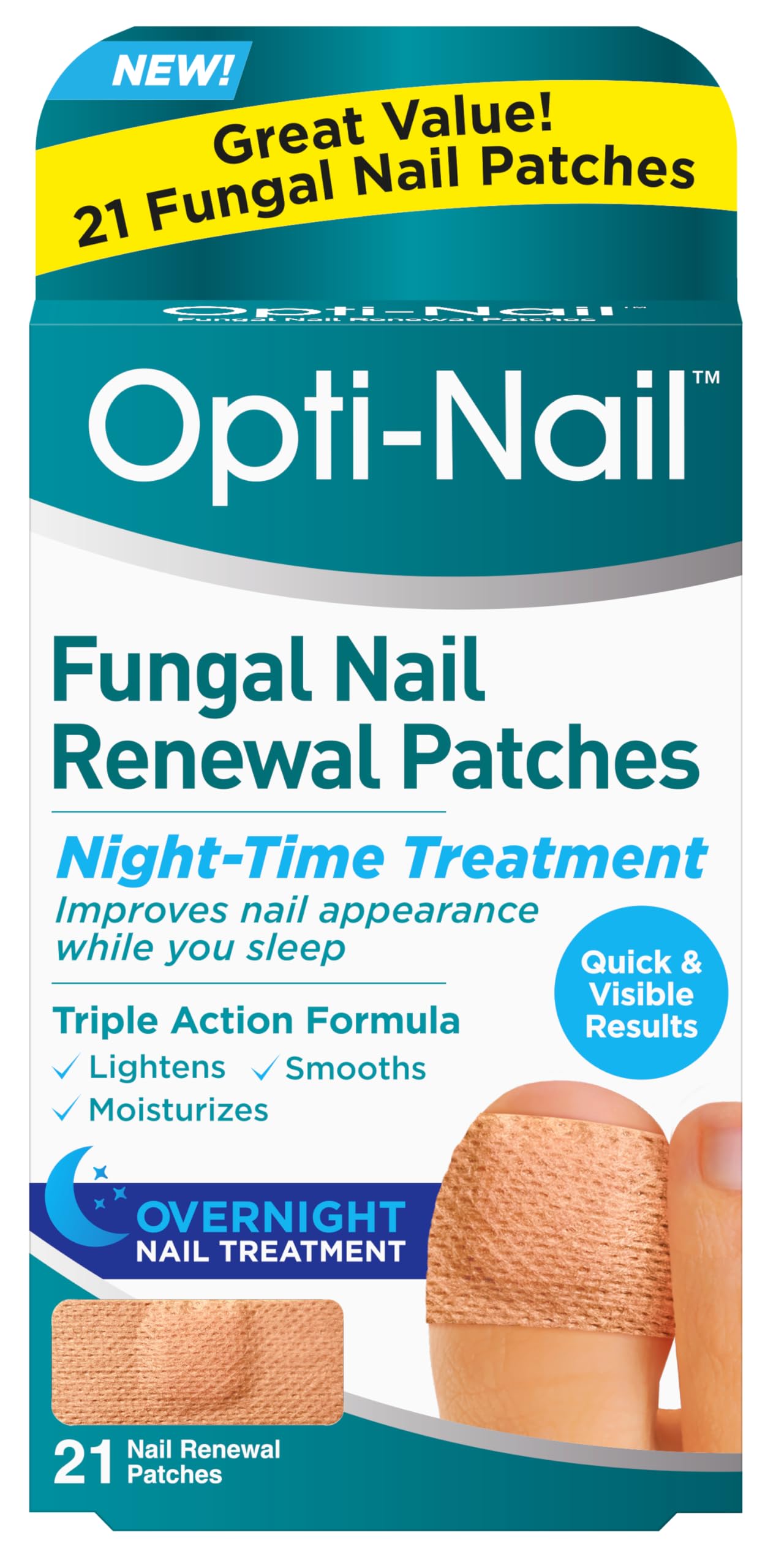 Opti-Nail envase frontal mostrando 21 parches y beneficio de aclarado