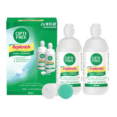 Opti-Free Replenish frente del envase mostrando tamaño y etiquetado, mejora la limpieza