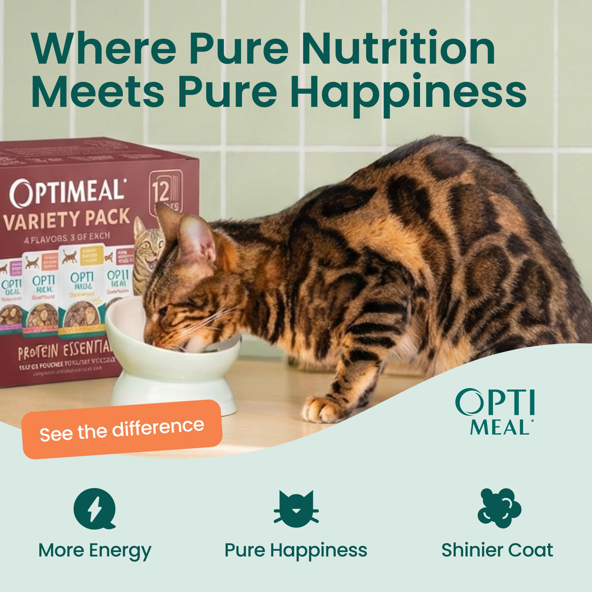 Optimeal en ambiente de cocina con gato comiendo, presenta uso cotidiano