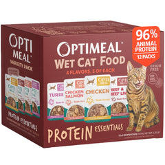 Optimeal pack frontal con 12 sobres mostrando variedad de sabores y conveniencia