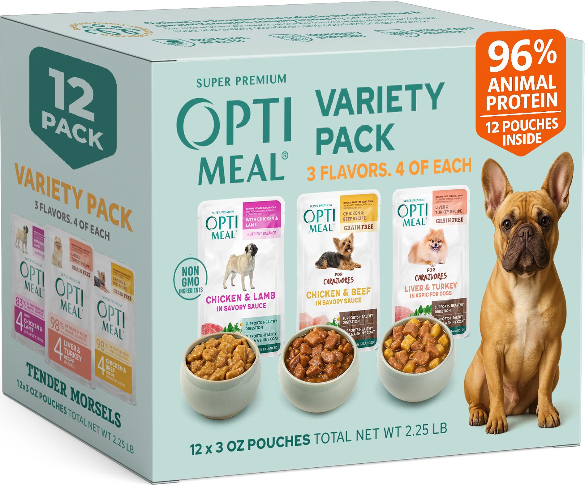 Optimeal vista frontal del pack pequeño con 12 pouches, conveniencia y raciones listas