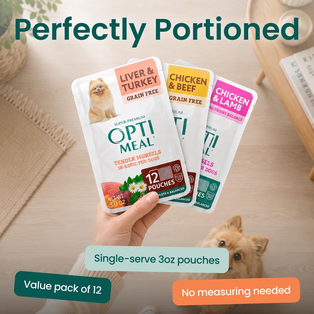 Optimeal mano sirviendo pouch, demuestra uso práctico y porciones individuales