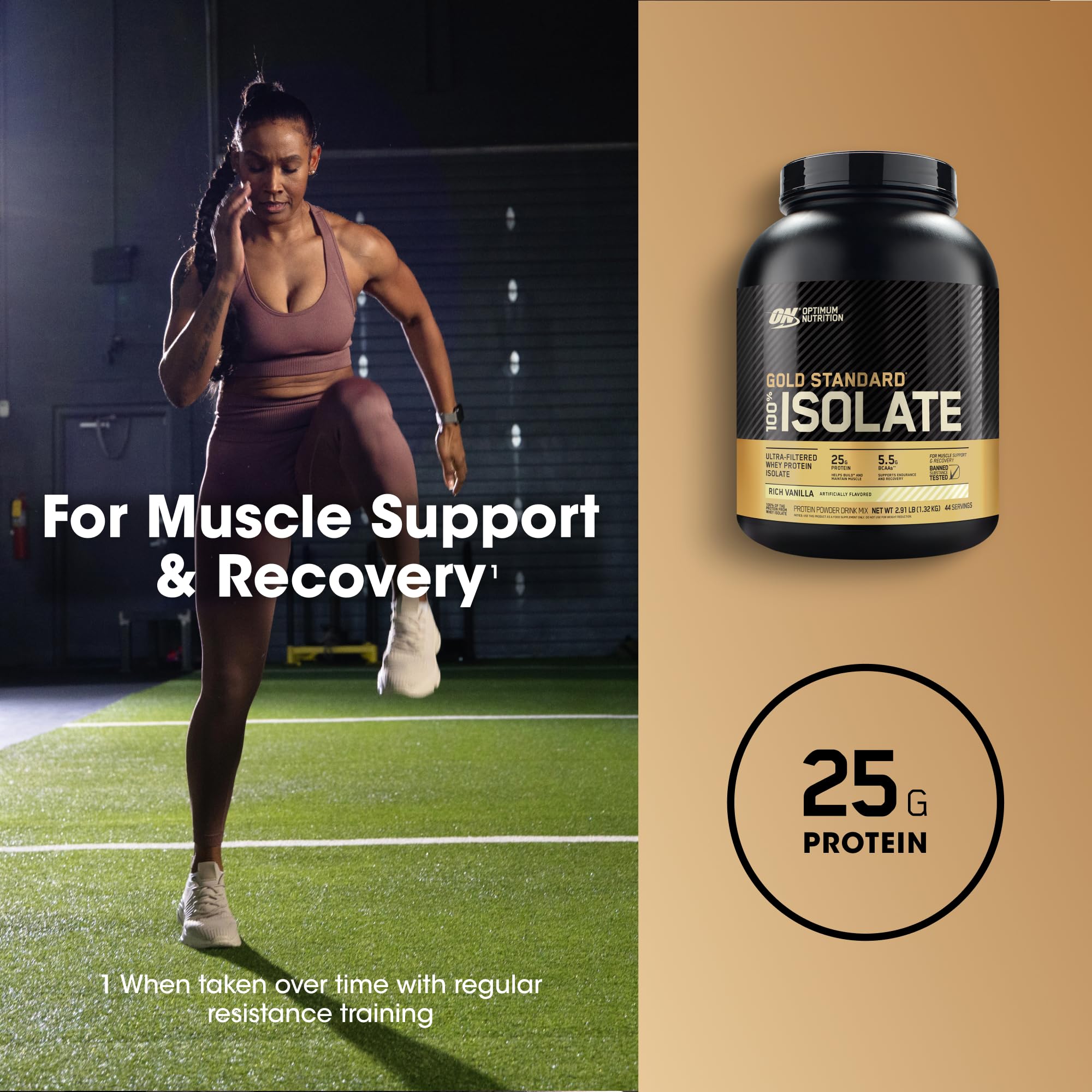 Optimum Nutrition batido de vainilla servido en vaso, beneficio de recuperación inmediata