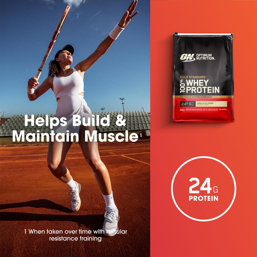 Optimum Nutrition envase junto a objetos cotidianos para apreciar escala del paquete
