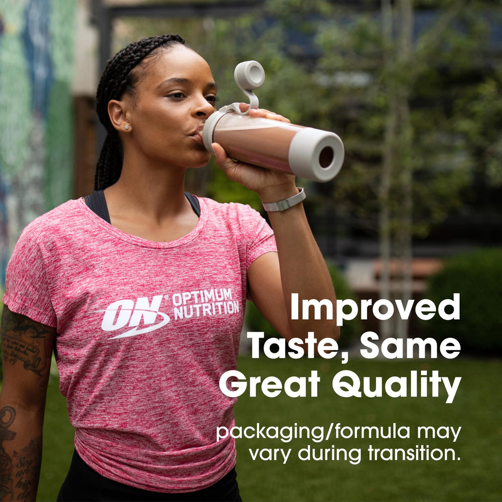 Comparación de tamaño de envase Optimum Nutrition 1.9 lb para referencia visual