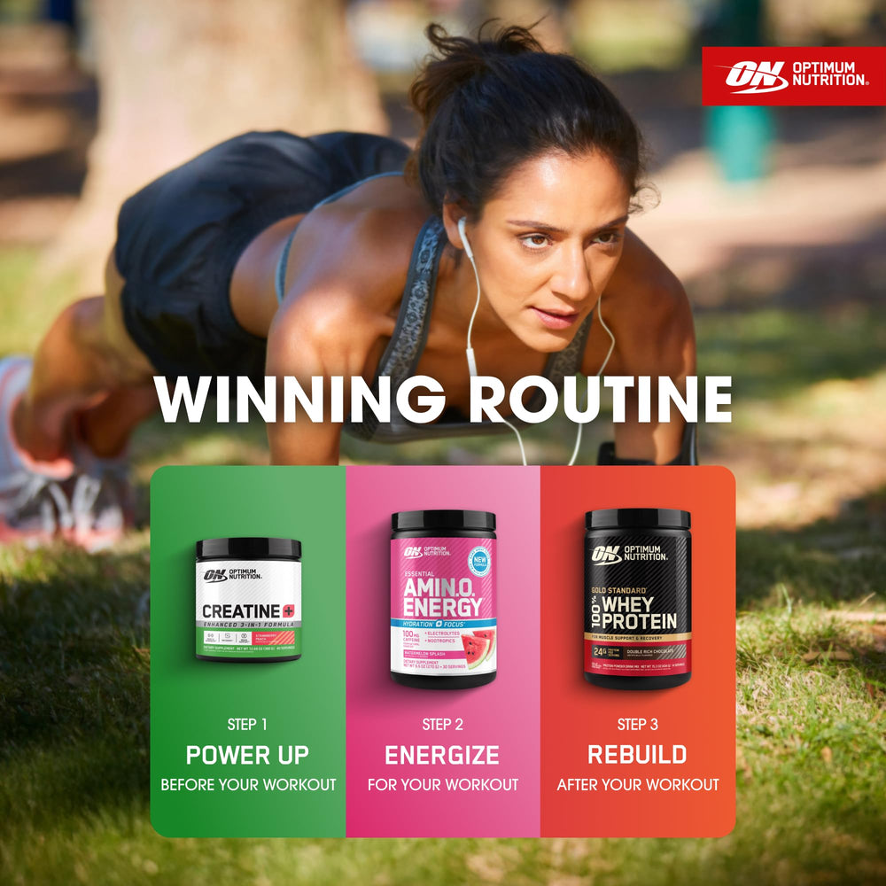 Optimum Nutrition suplemento junto a elementos de entrenamiento estilo de vida activo