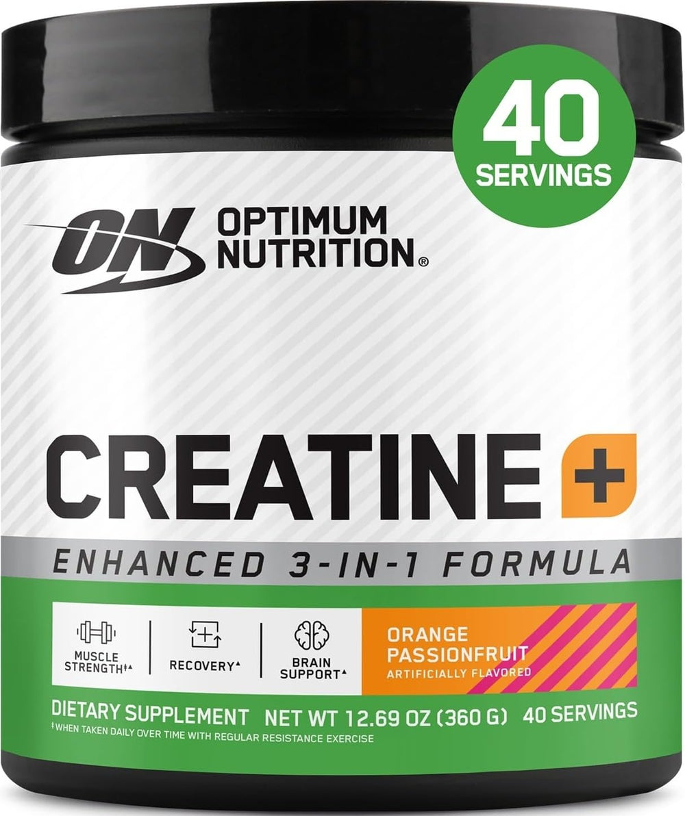 Optimum Nutrition bote frontal mostrando etiqueta y sabor naranja-maracuyá, fácil identificación de producto