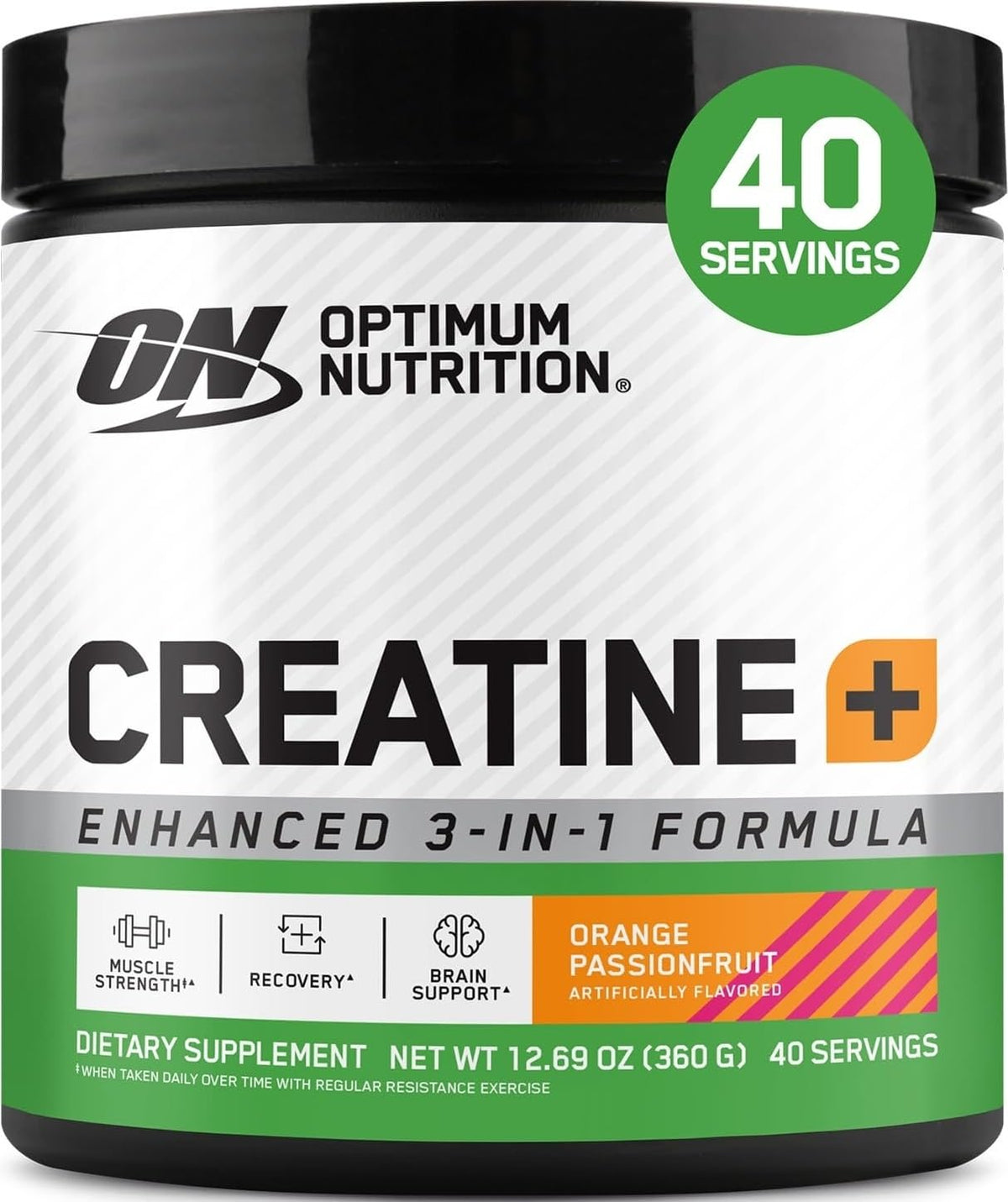 Optimum Nutrition bote frontal mostrando etiqueta y sabor naranja-maracuyá, fácil identificación de producto
