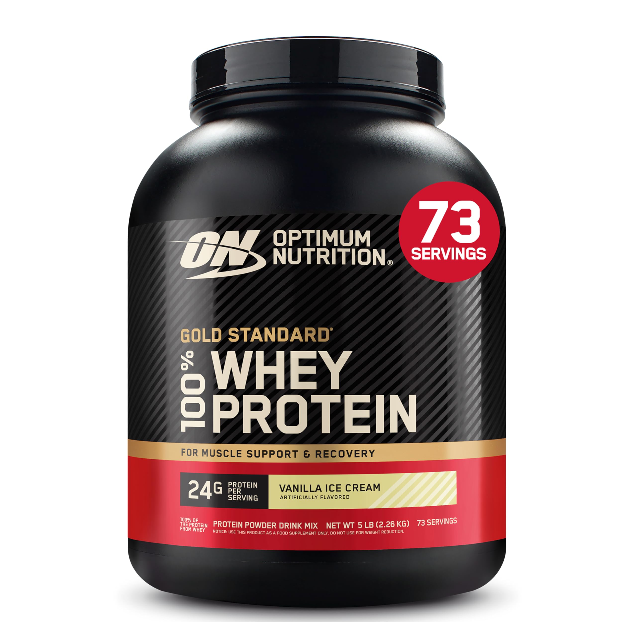 Optimum Nutrition envase frontal 5 lb mostrando marca y sabor Vainilla Ice Cream, conveniencia