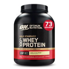 Optimum Nutrition envase frontal 5 lb mostrando marca y sabor Vainilla Ice Cream, conveniencia
