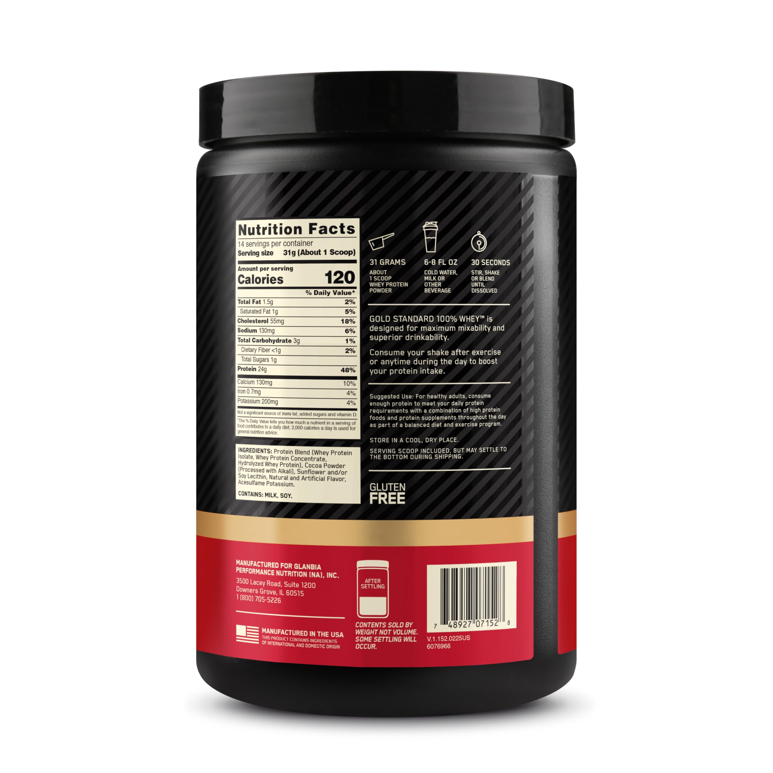Optimum Nutrition producto junto a equipo de gimnasio para uso post-entreno