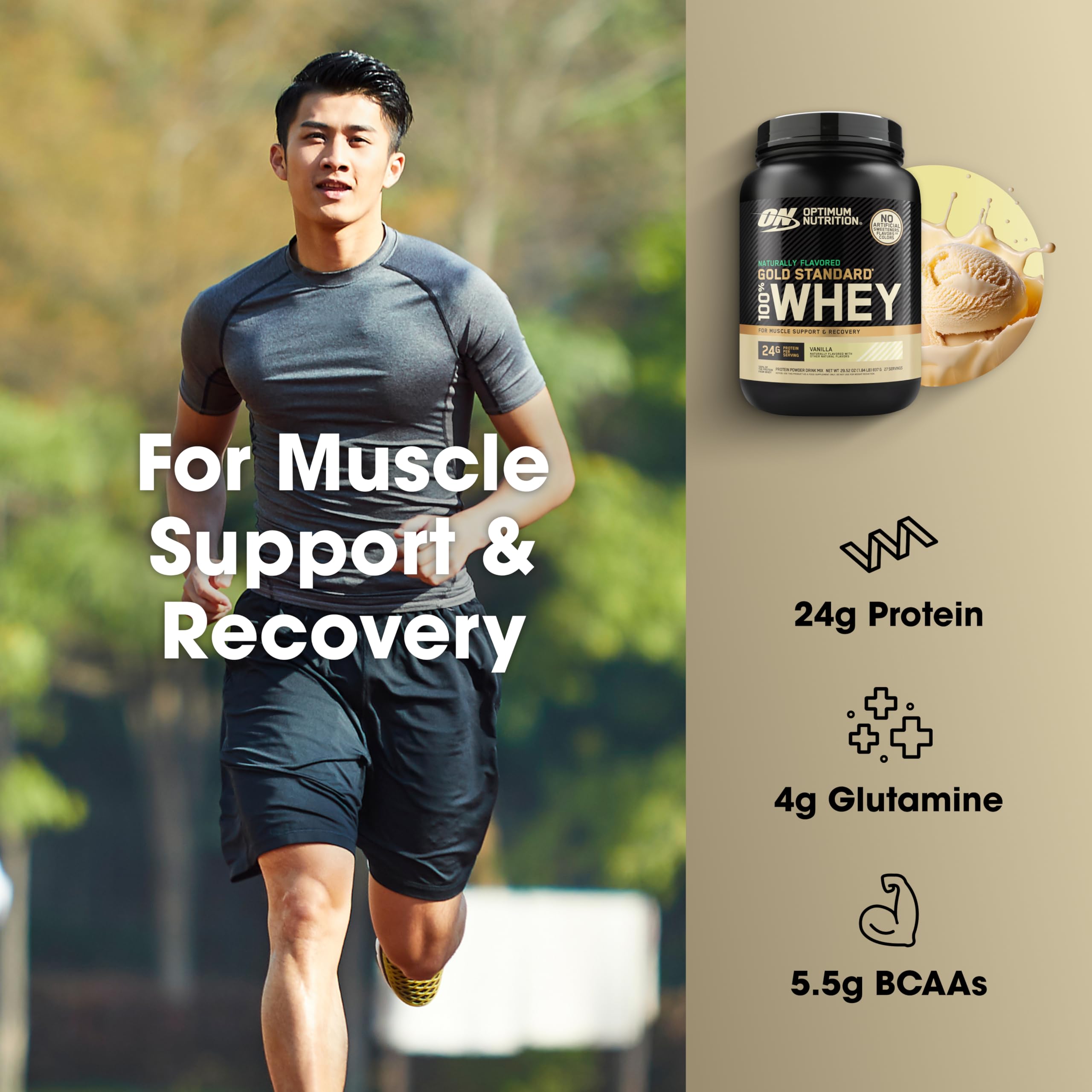 Detalle de la etiqueta nutricional Optimum Nutrition con información de proteínas y BCAA