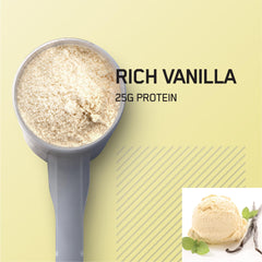 Optimum Nutrition etiqueta nutricional ampliada que muestra 25 g de proteína por porción
