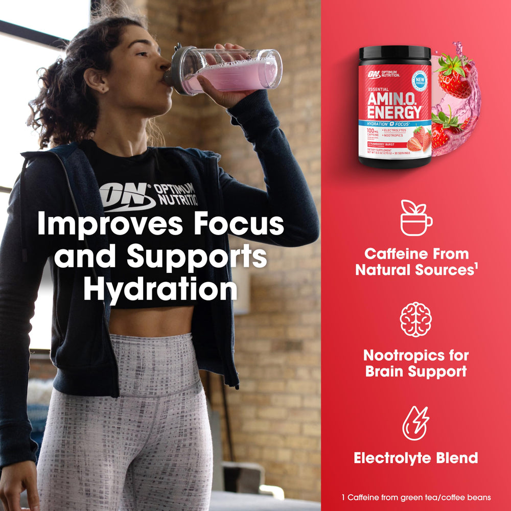 Optimum Nutrition etiqueta nutricional legible con información de cafeína y electrolitos